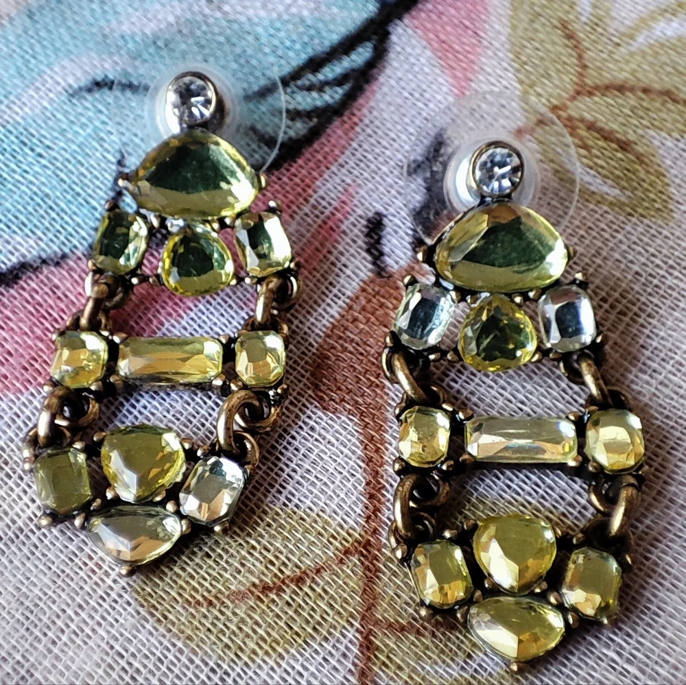 J. Crew Citrine Color Stones With Clear Rhinestones Signed Pierced Earrings EUC